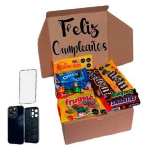 Caja de Regalos Sorpresa Feliz Cumpleaños + Funda iPhone 15 Pro Negro + Vidrio Templado