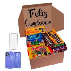 Caja de Regalos Sorpresa Feliz Cumpleaños + Funda iPhone 15 Pro Lila + Vidrio Templado